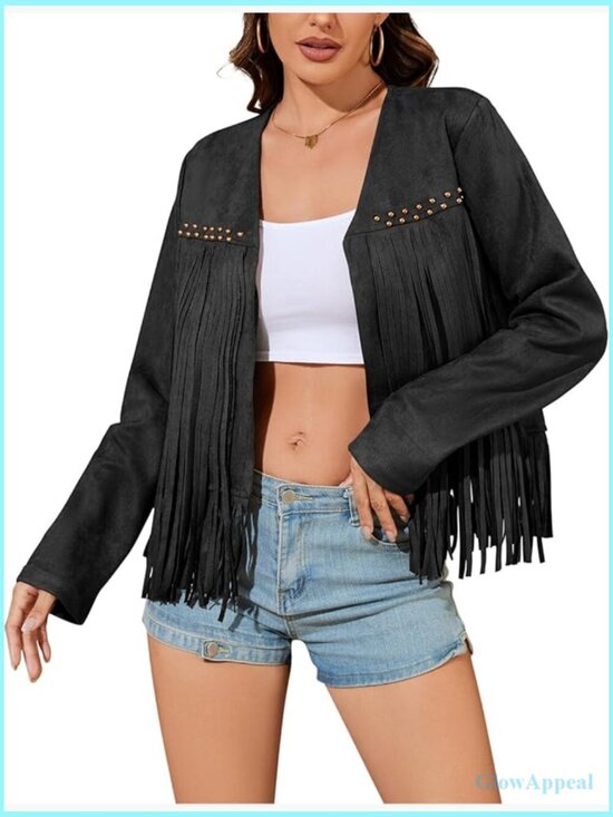 Jackets & Blazers - Oversized Fringe Cropped Faux Leather Jacket Western Cowgirl Motorcycle Coat